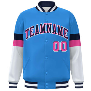 Custom Powder Blue Navy-White Color Block Bomber Varsity Full-Snap Baseball Jacket