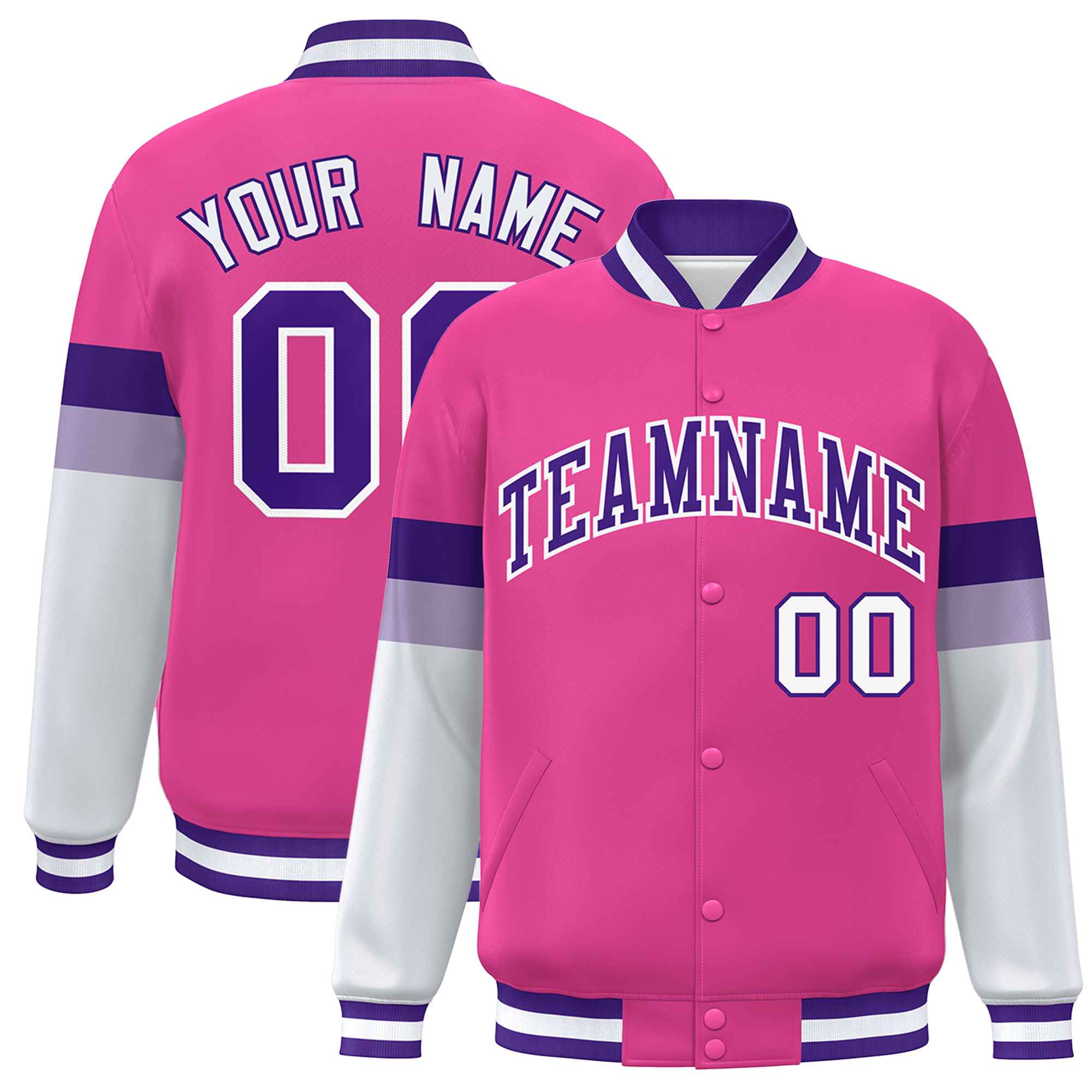 Custom Pink Purple-White Color Block Bomber Varsity Full-Snap Baseball Jacket