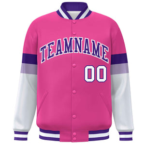 Custom Pink Purple-White Color Block Bomber Varsity Full-Snap Baseball Jacket