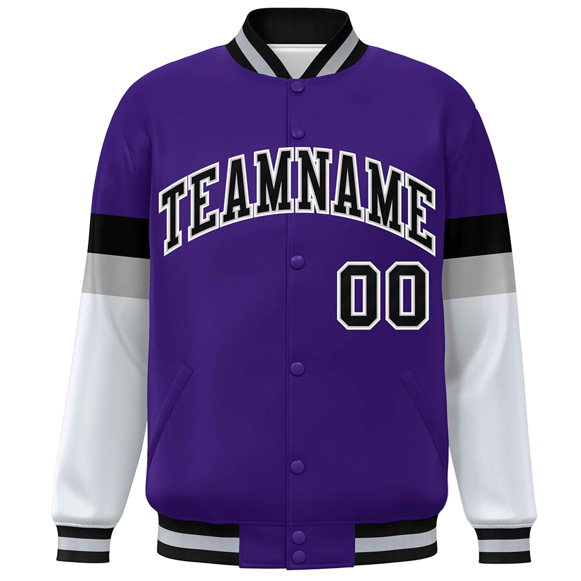 Custom Purple Black-White Color Block Bomber Varsity Full-Snap Baseball Jacket