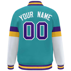 Custom Aqua Purple-White Color Block Bomber Varsity Full-Snap Baseball Jacket