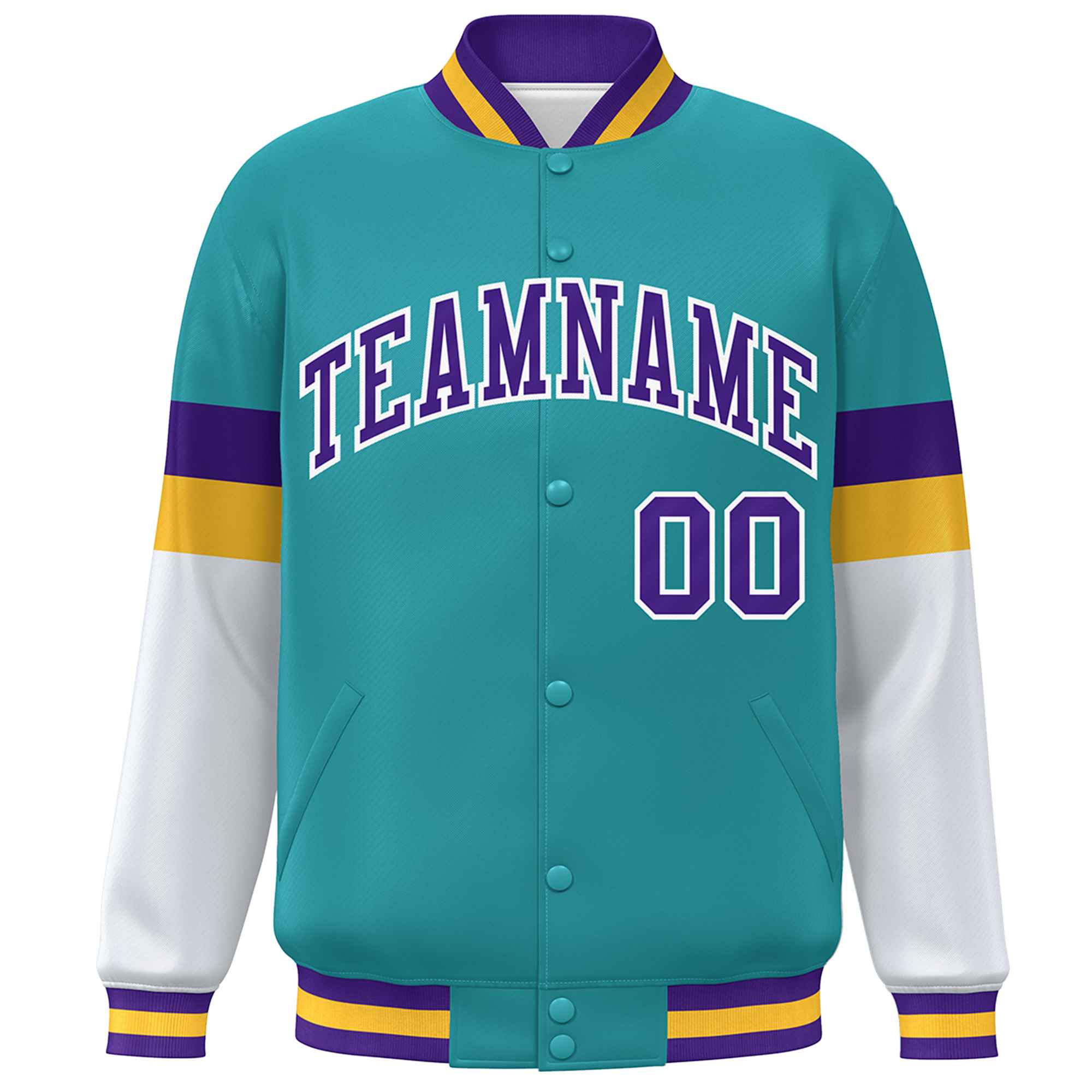 Custom Aqua Purple-White Color Block Bomber Varsity Full-Snap Baseball Jacket