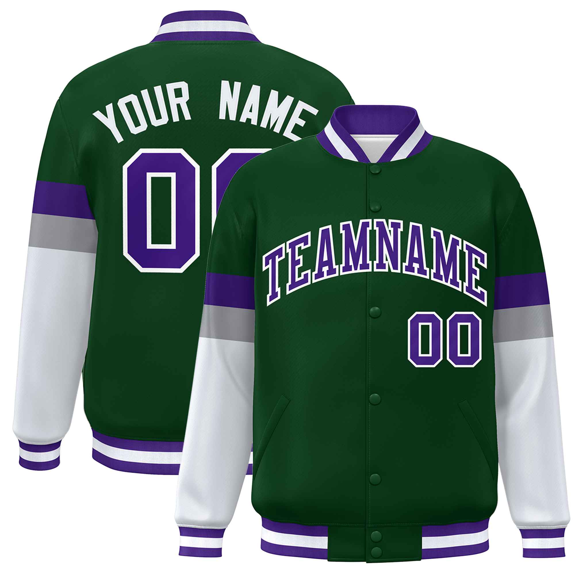 Custom Green Purple-White Color Block Bomber Varsity Full-Snap Baseball Jacket