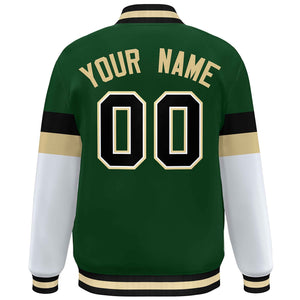 Custom Green Black-Khaki Color Block Bomber Varsity Full-Snap Baseball Jacket