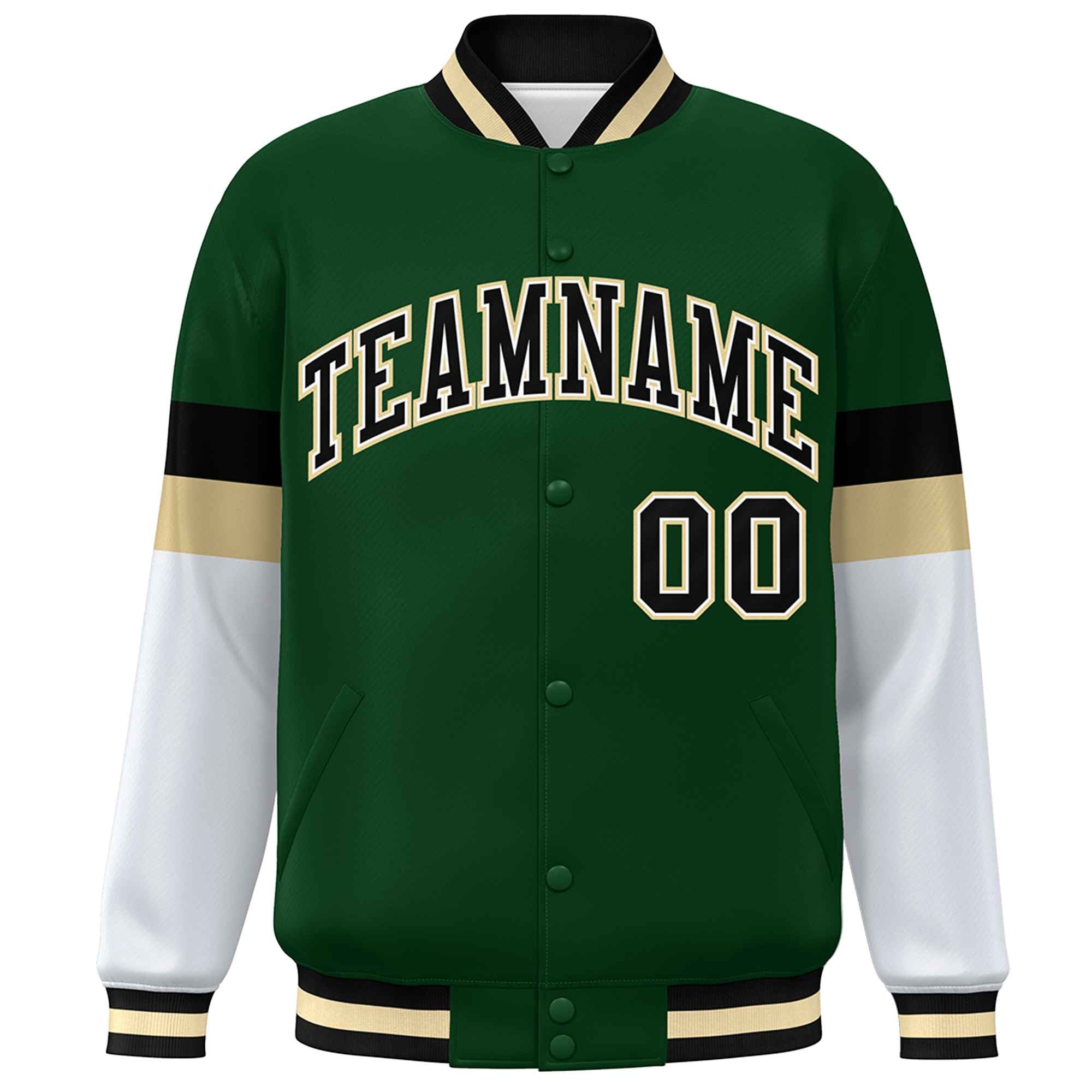 Custom Green Black-Khaki Color Block Bomber Varsity Full-Snap Baseball Jacket