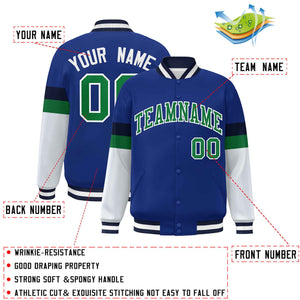 Custom Royal Kelly Green-White Color Block Bomber Varsity Full-Snap Baseball Jacket