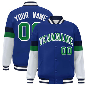 Custom Royal Kelly Green-White Color Block Bomber Varsity Full-Snap Baseball Jacket