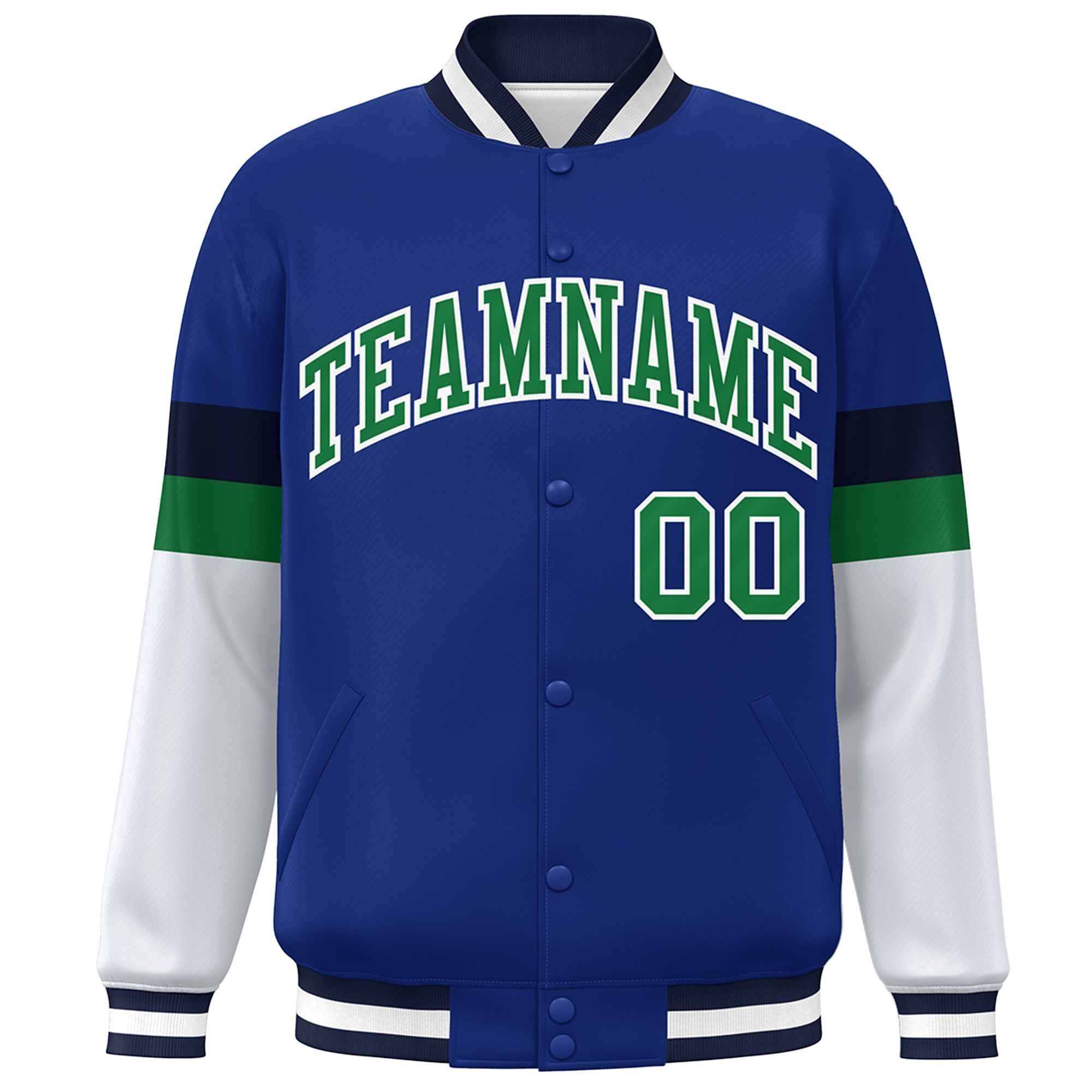 Custom Royal Kelly Green-White Color Block Bomber Varsity Full-Snap Baseball Jacket