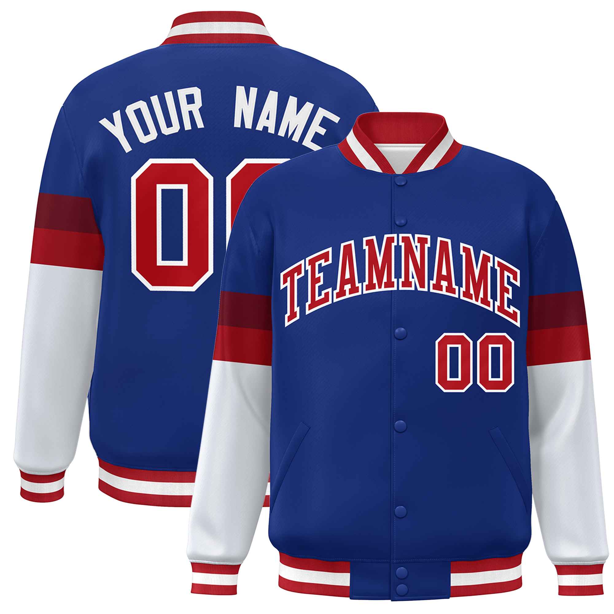 Custom Royal Red-White Color Block Bomber Varsity Full-Snap Baseball Jacket