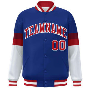 Custom Royal Red-White Color Block Bomber Varsity Full-Snap Baseball Jacket