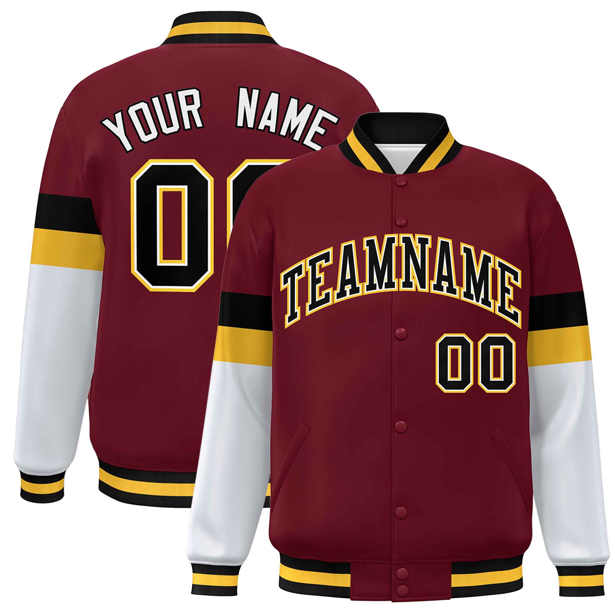 Custom Crimson Black-Gold Color Block Bomber Varsity Full-Snap Baseball Jacket