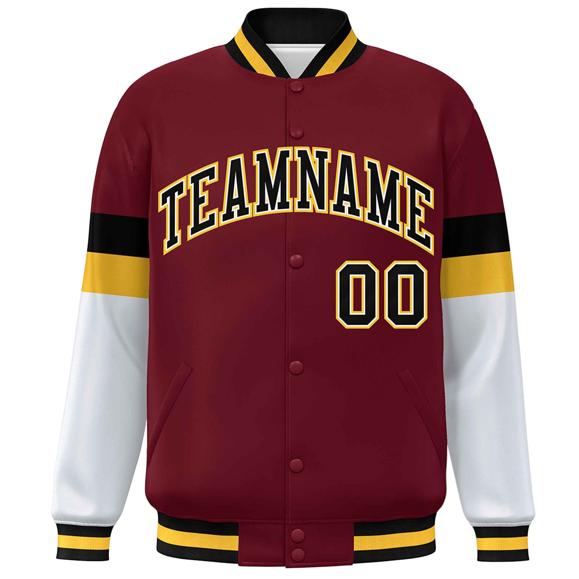 Custom Crimson Black-Gold Color Block Bomber Varsity Full-Snap Baseball Jacket