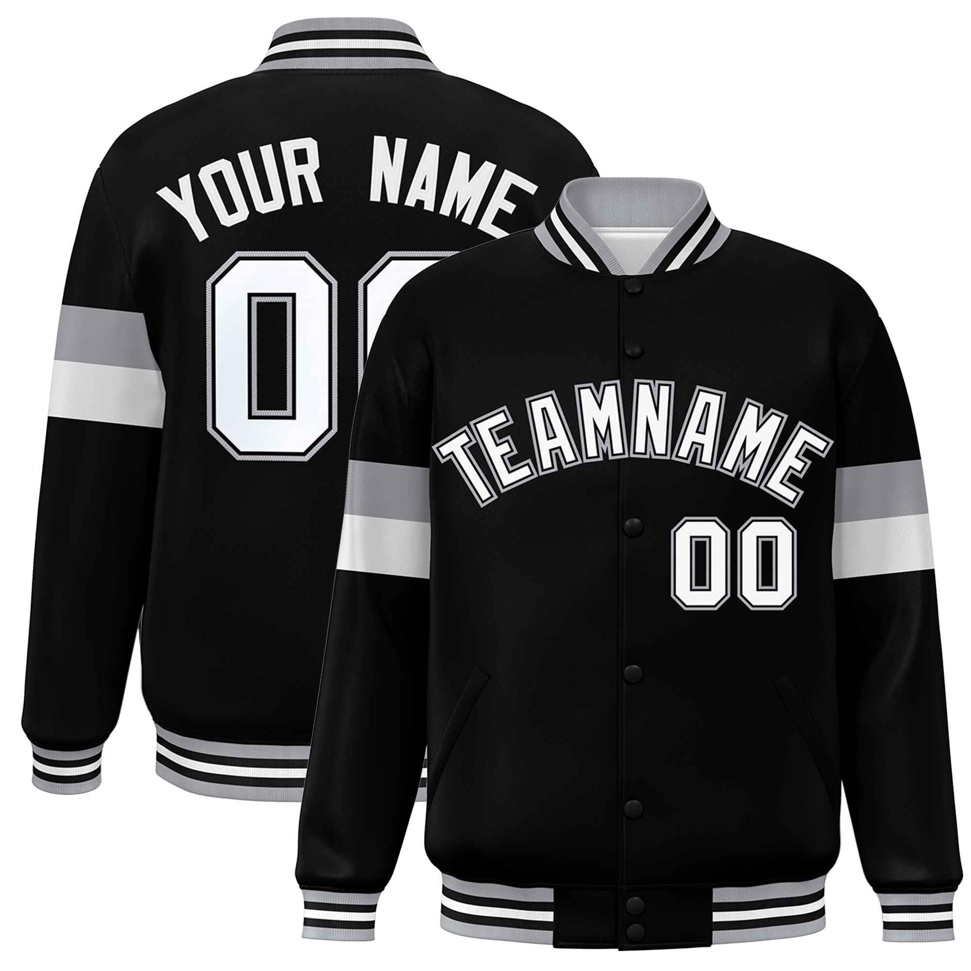 Custom Black White-Gray Color Block Bomber Varsity Full-Snap Baseball Jacket