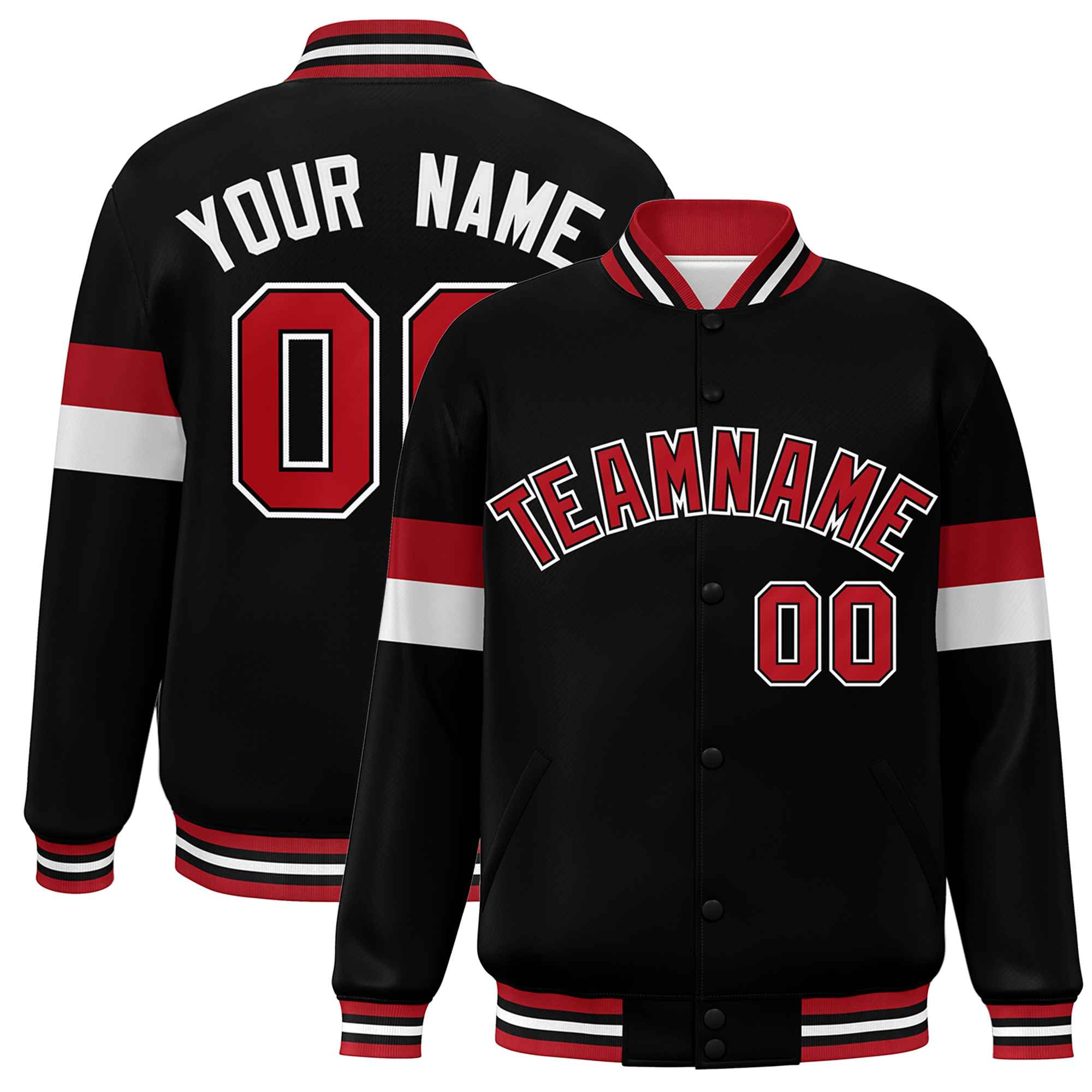 Custom Black Red-White Color Block Bomber Varsity Full-Snap Baseball Jacket