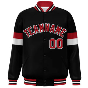 Custom Black Red-White Color Block Bomber Varsity Full-Snap Baseball Jacket