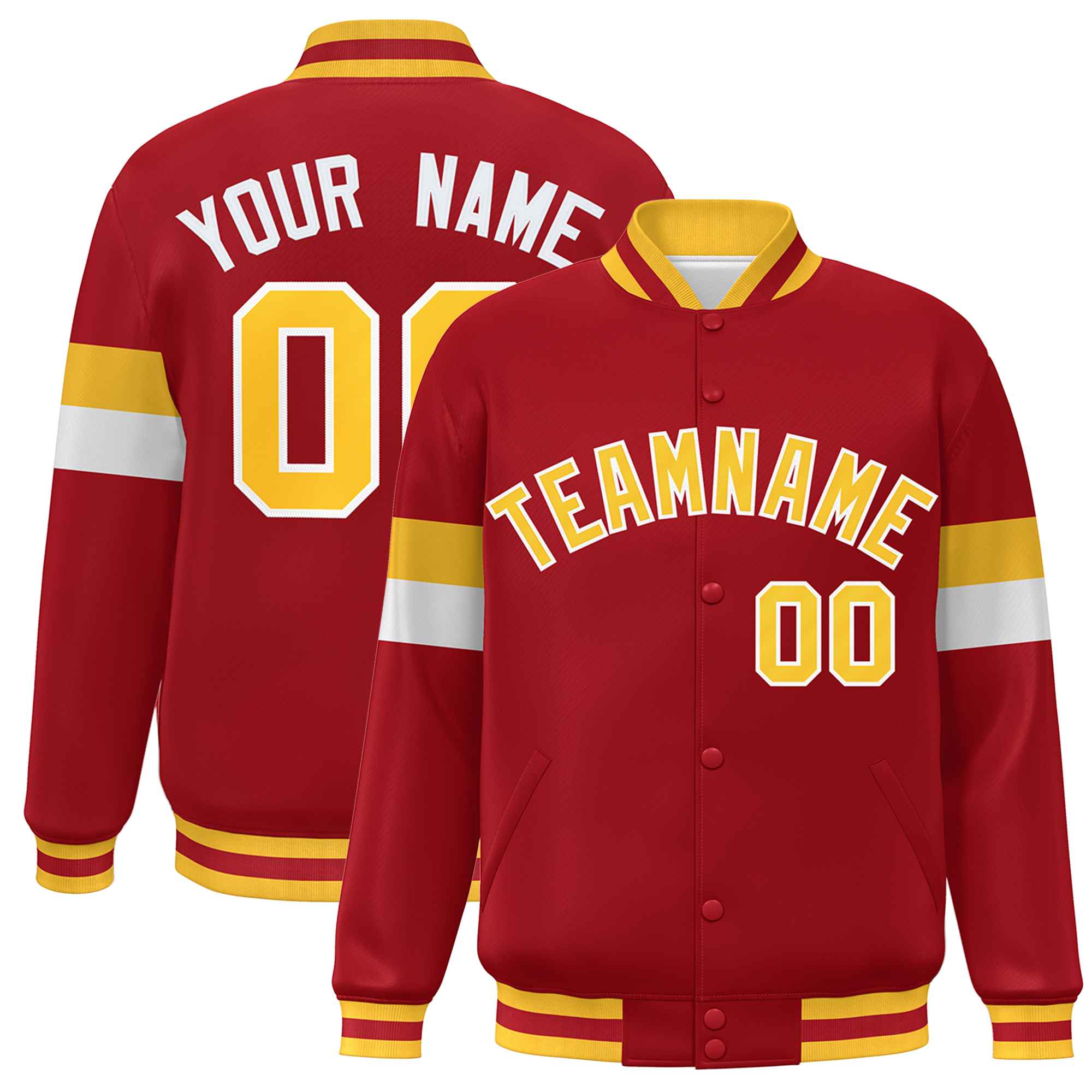 Custom Red Gold-White Color Block Bomber Varsity Full-Snap Baseball Jacket