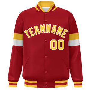 Custom Red Gold-White Color Block Bomber Varsity Full-Snap Baseball Jacket