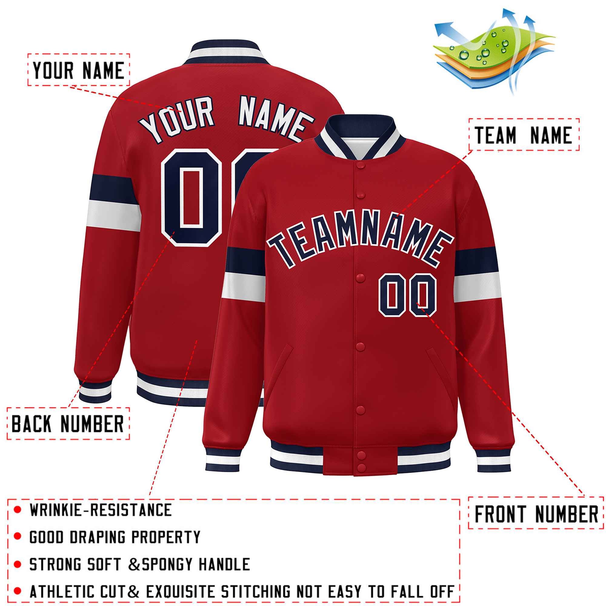 Custom Red Navy-White Color Block Bomber Varsity Full-Snap Baseball Jacket