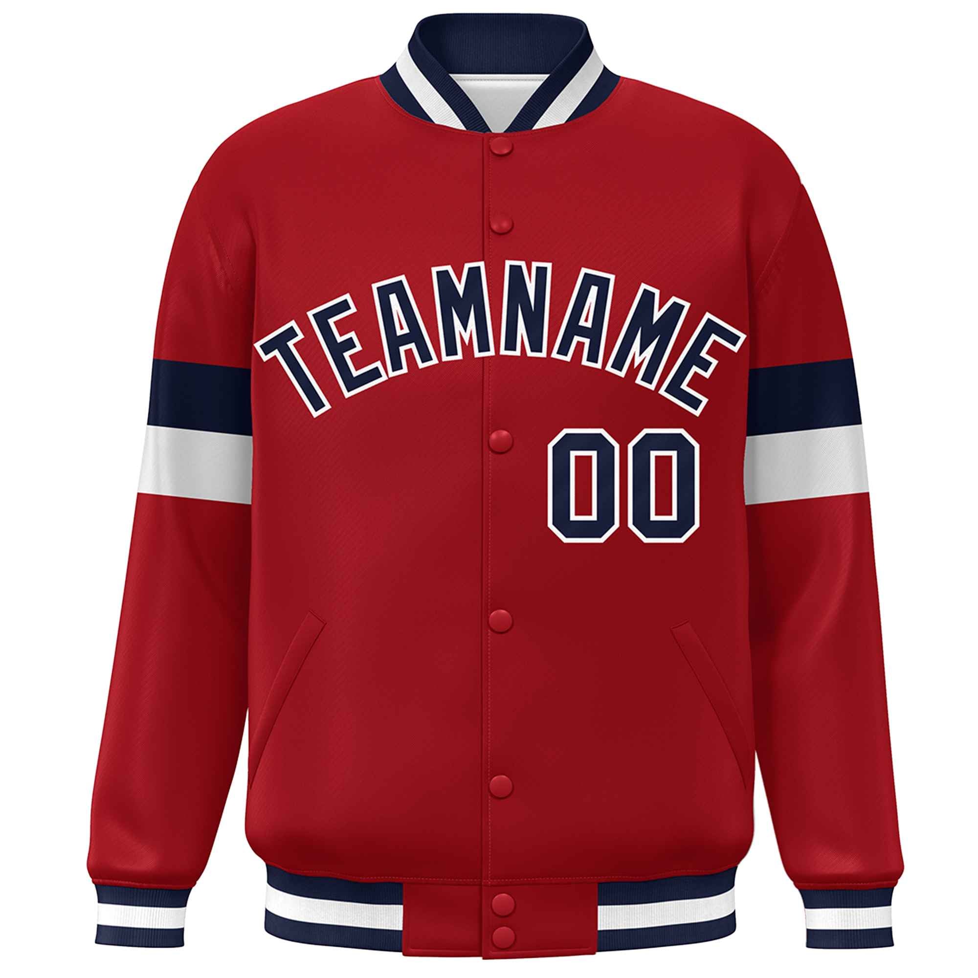 Custom Red Navy-White Color Block Bomber Varsity Full-Snap Baseball Jacket