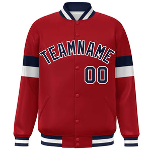 Custom Red Navy-White Color Block Bomber Varsity Full-Snap Baseball Jacket