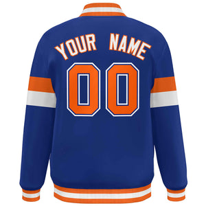 Custom Royal Orange-White Color Block Bomber Varsity Full-Snap Baseball Jacket