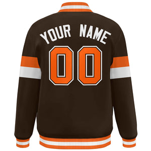 Custom Brown Orange-White Color Block Bomber Varsity Full-Snap Baseball Jacket