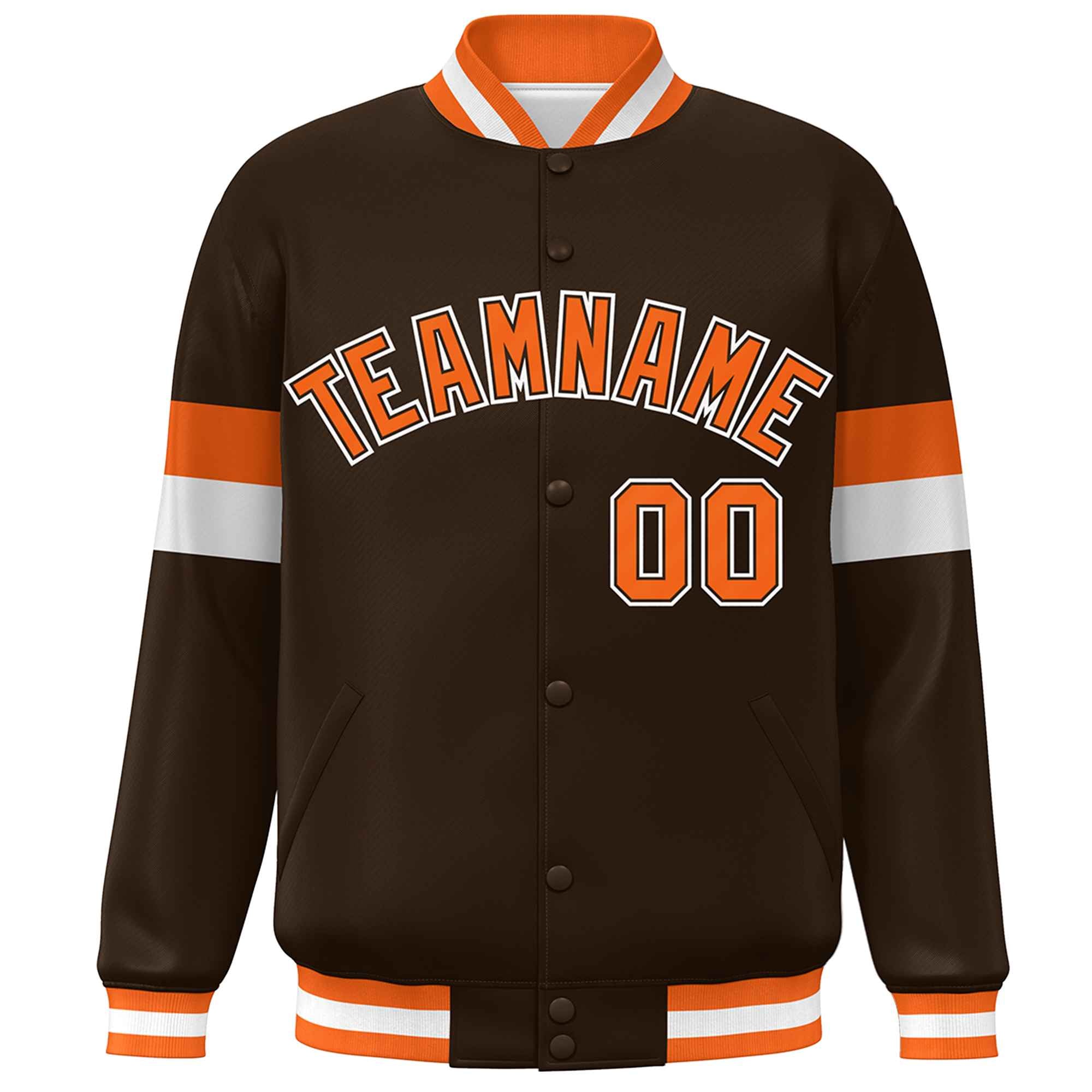 Custom Brown Orange-White Color Block Bomber Varsity Full-Snap Baseball Jacket