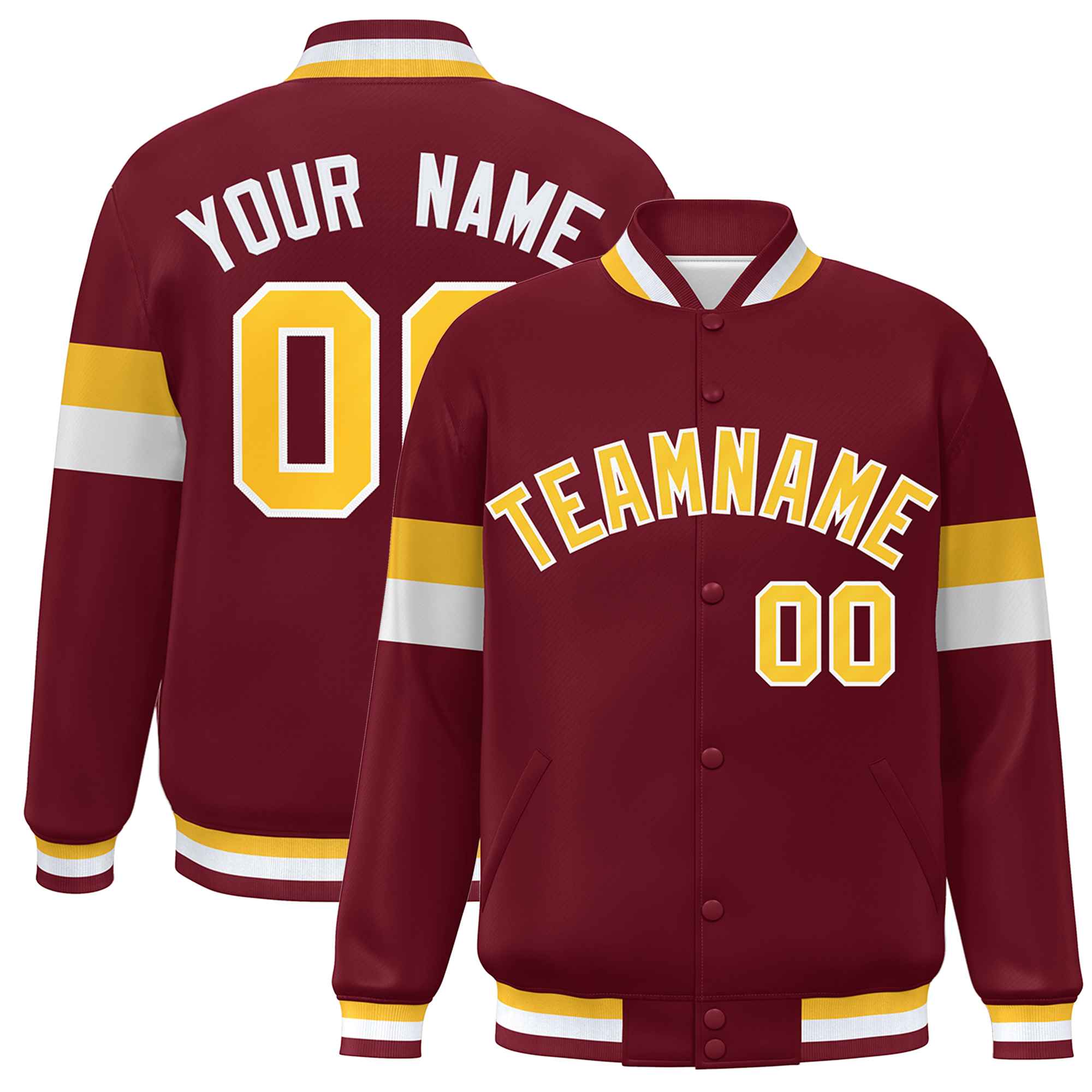 Custom Crimson Gold-White Color Block Bomber Varsity Full-Snap Baseball Jacket