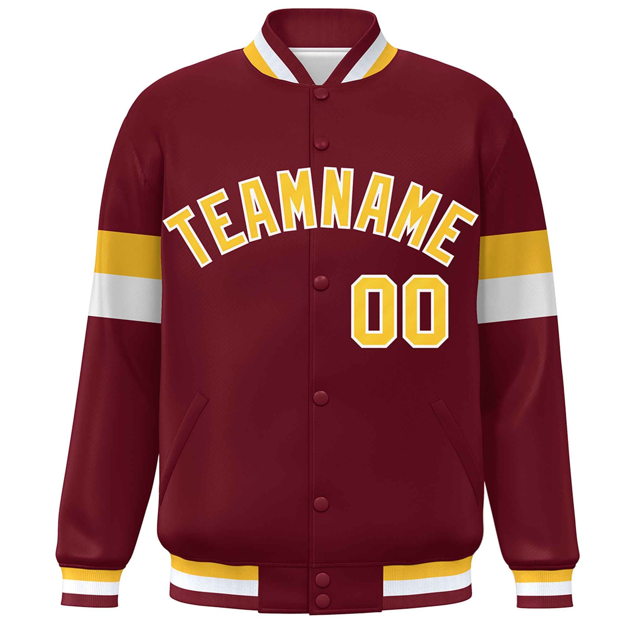 Custom Crimson Gold-White Color Block Bomber Varsity Full-Snap Baseball Jacket