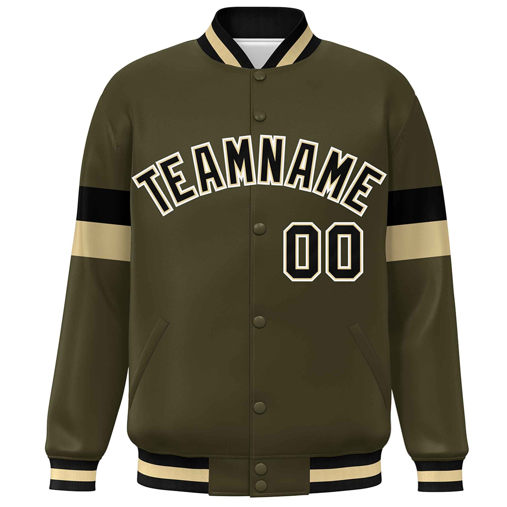 Custom Olive Black-White Color Block Bomber Varsity Full-Snap Baseball Jacket