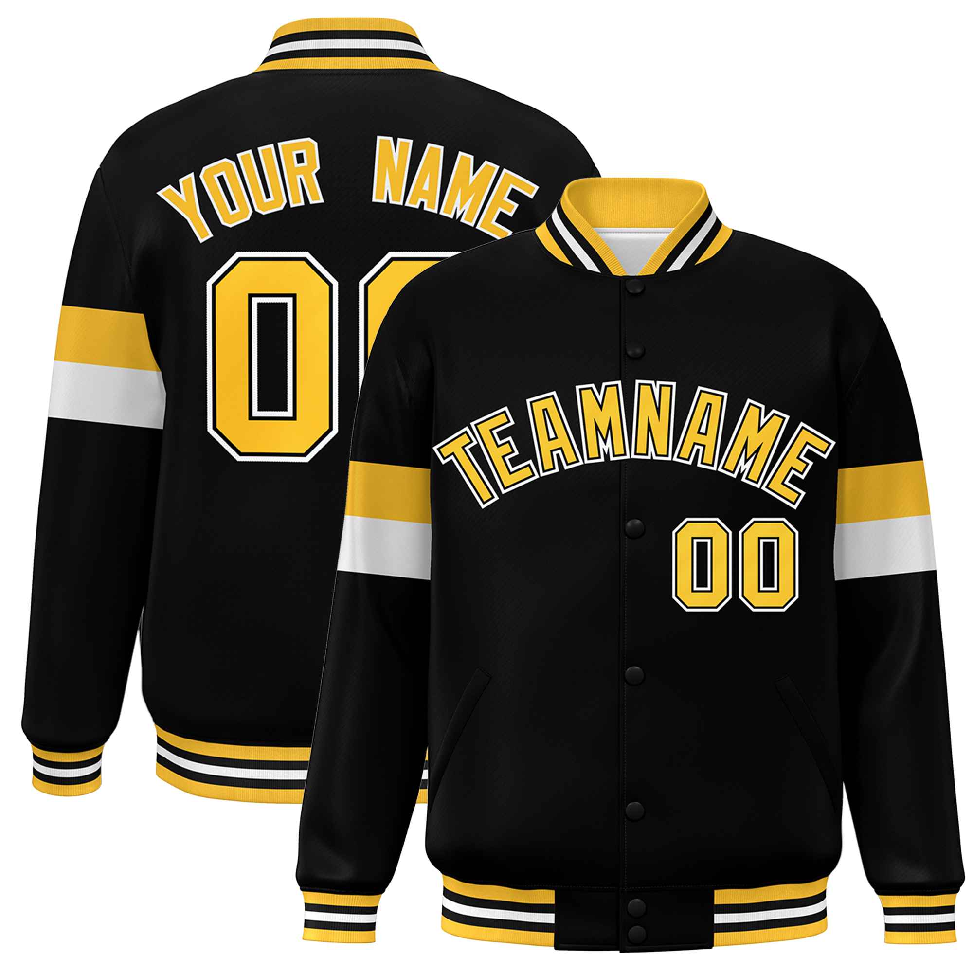 Custom Black Gold-White Color Block Bomber Varsity Full-Snap Baseball Jacket