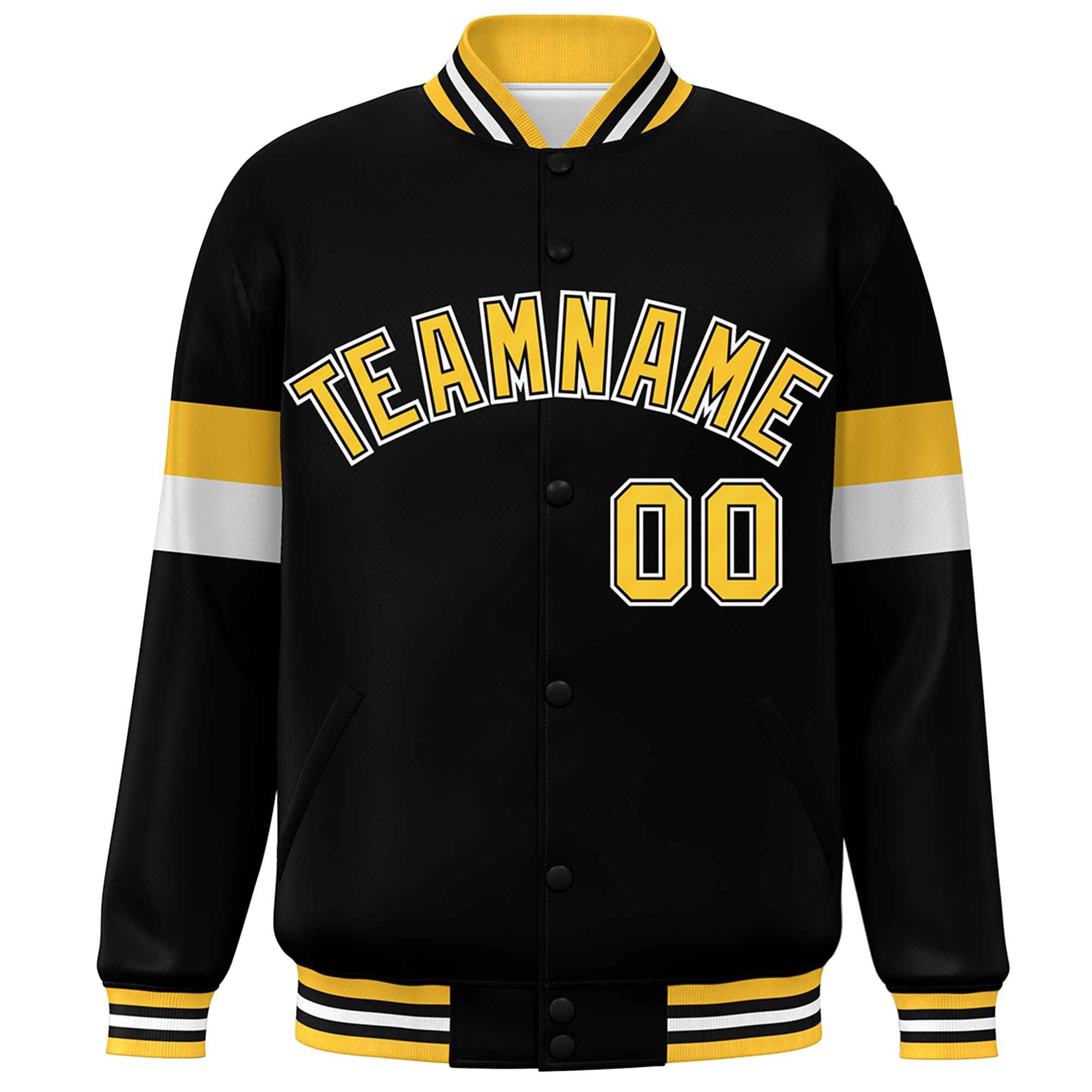 Custom Black Gold-White Color Block Bomber Varsity Full-Snap Baseball Jacket