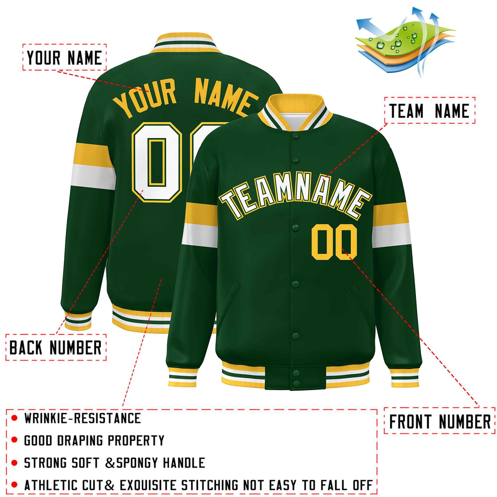 Custom Green White-Gold Color Block Bomber Varsity Full-Snap Baseball Jacket