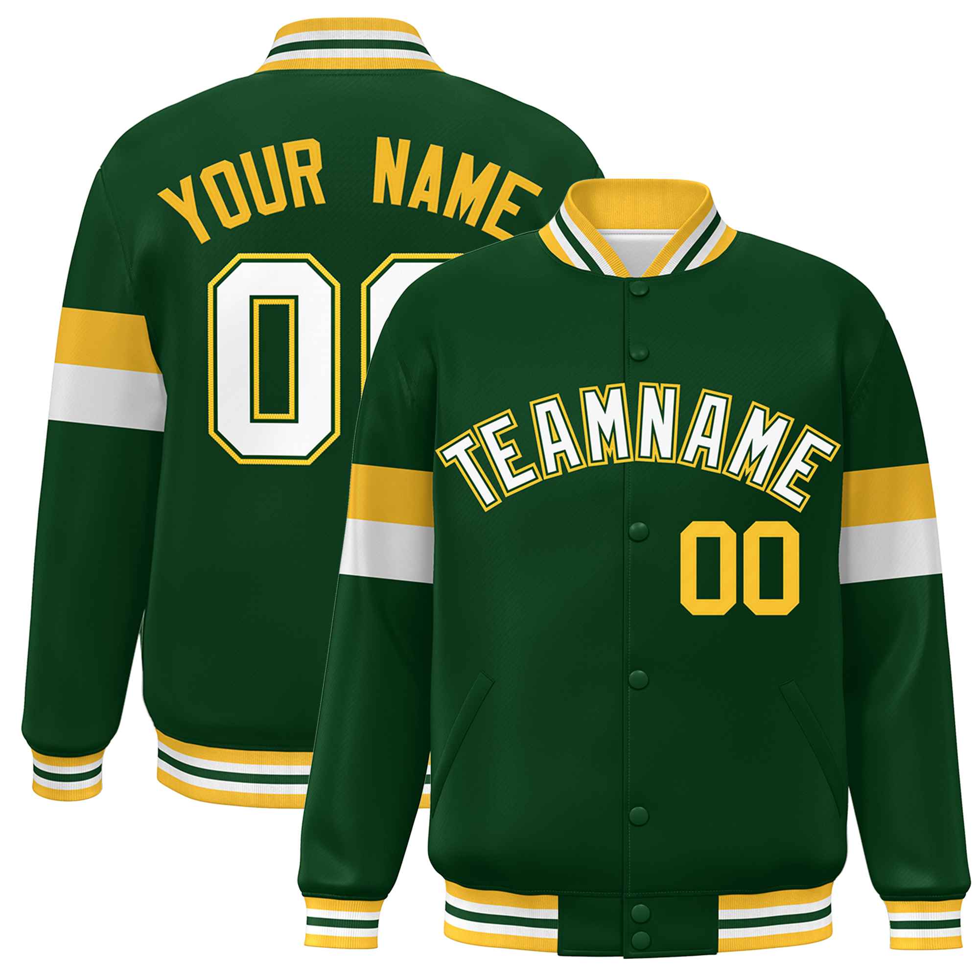 Custom Green White-Gold Color Block Bomber Varsity Full-Snap Baseball Jacket