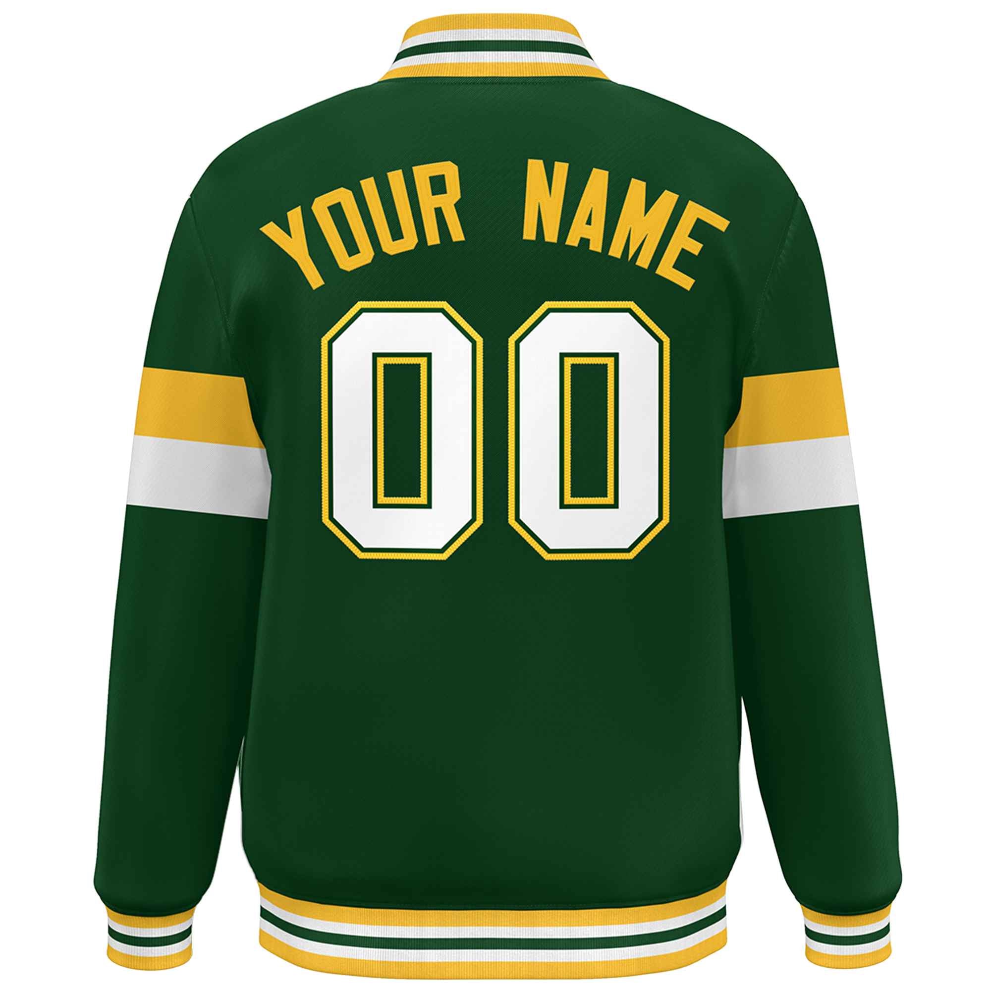 Custom Green White-Gold Color Block Bomber Varsity Full-Snap Baseball Jacket