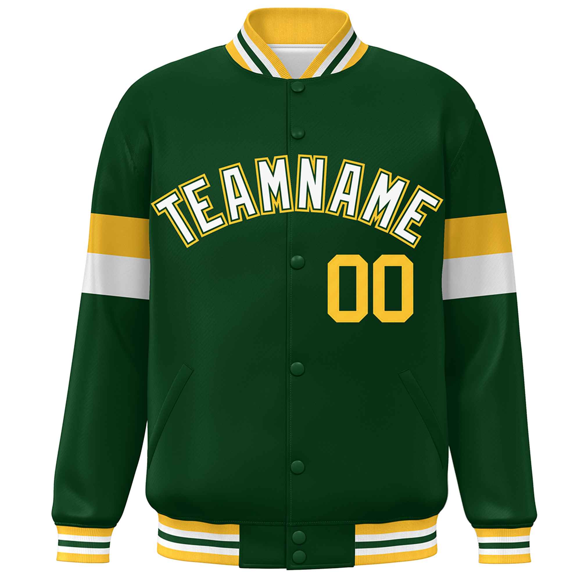 Custom Green White-Gold Color Block Bomber Varsity Full-Snap Baseball Jacket