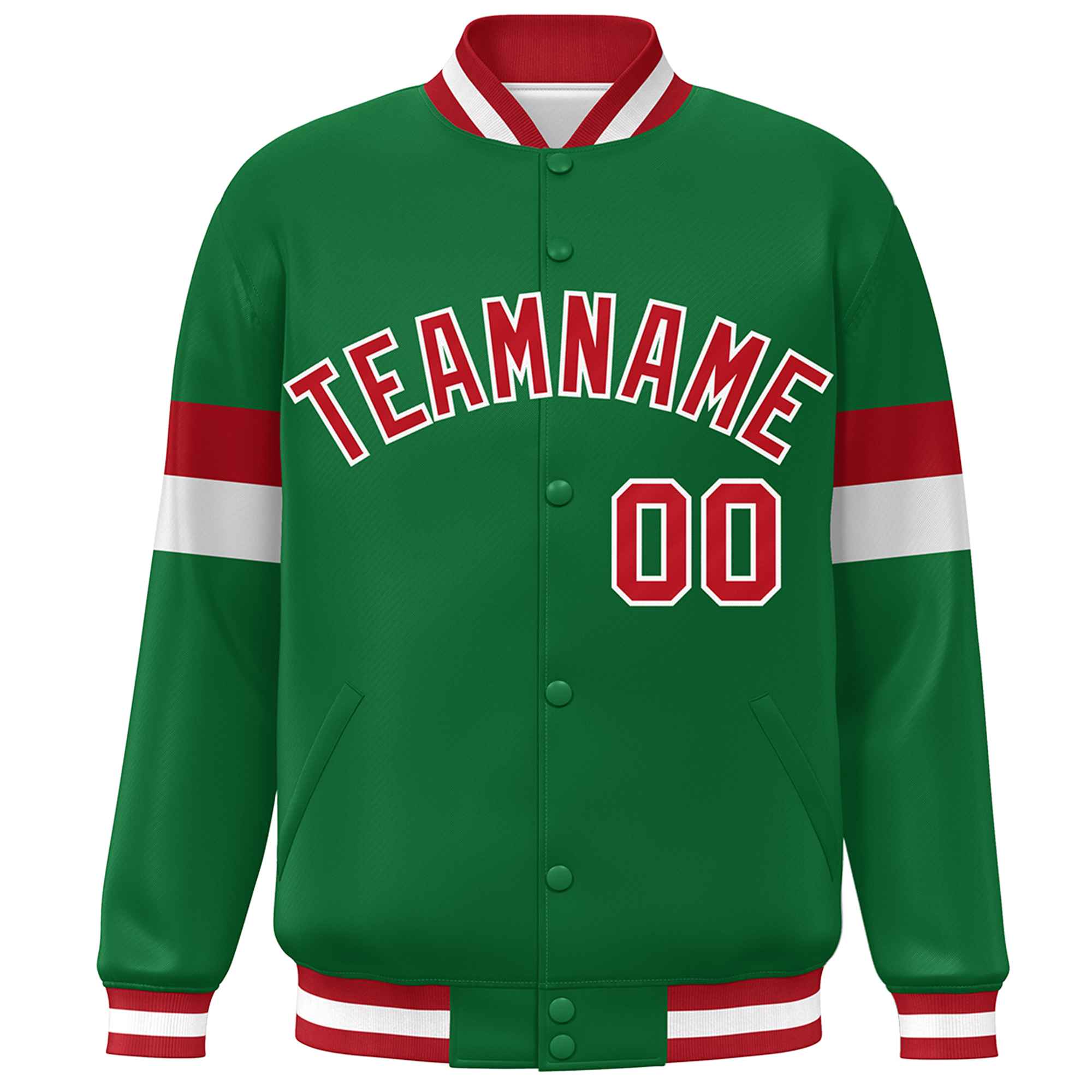 Custom Kelly Green Red-White Color Block Bomber Varsity Full-Snap Baseball Jacket