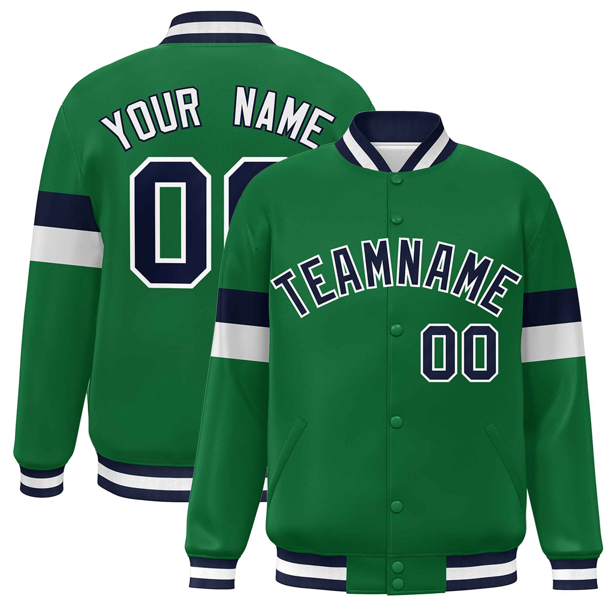 Custom Kelly Green Navy-White Color Block Bomber Varsity Full-Snap Baseball Jacket