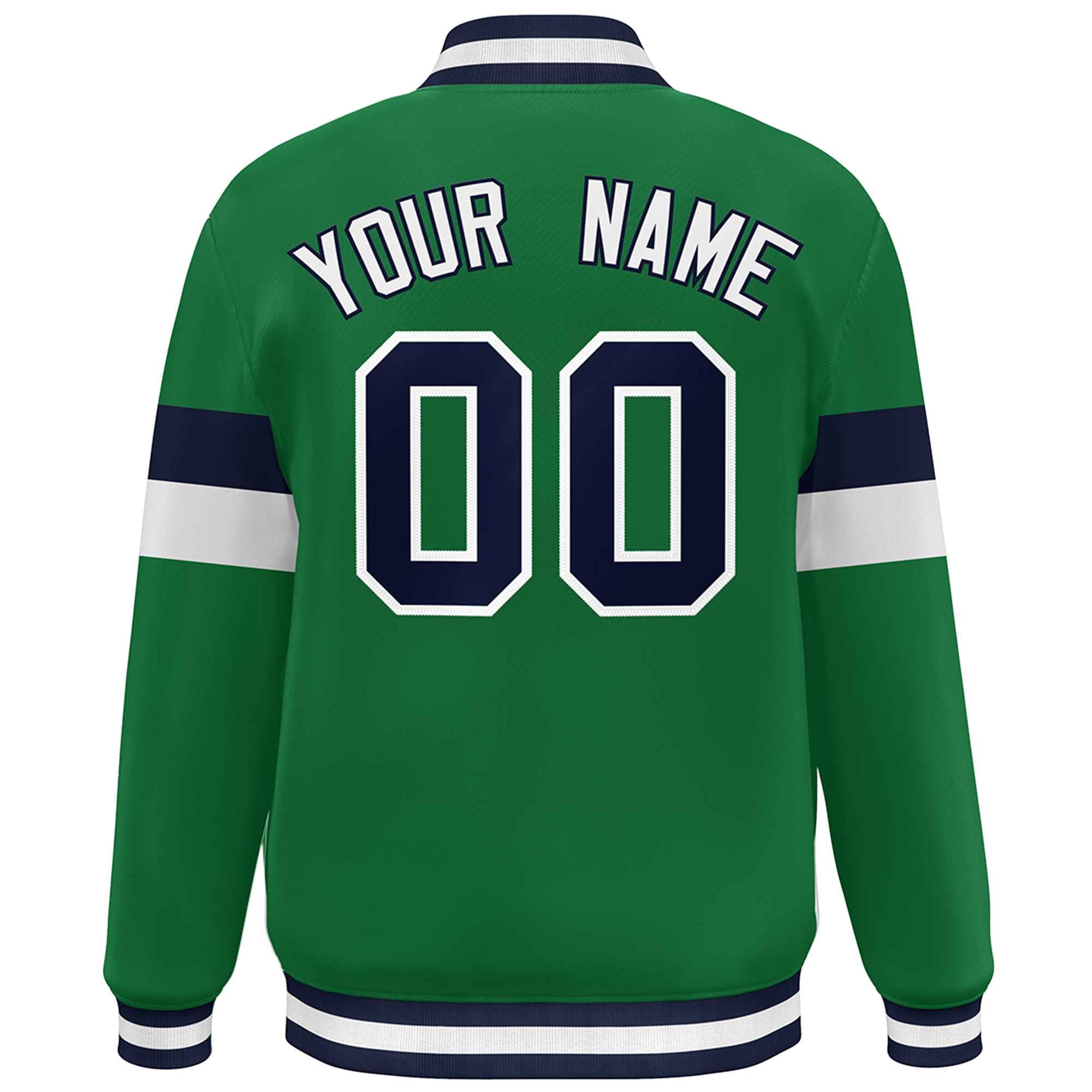 Custom Kelly Green Navy-White Color Block Bomber Varsity Full-Snap Baseball Jacket