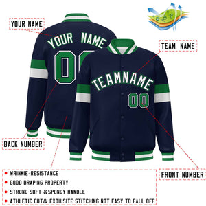 Custom Navy White-Kelly Green Color Block Bomber Varsity Full-Snap Baseball Jacket