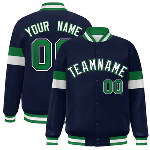 Custom Navy White-Kelly Green Color Block Bomber Varsity Full-Snap Baseball Jacket