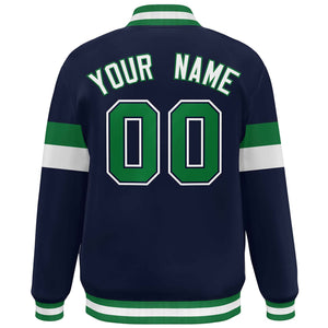 Custom Navy White-Kelly Green Color Block Bomber Varsity Full-Snap Baseball Jacket