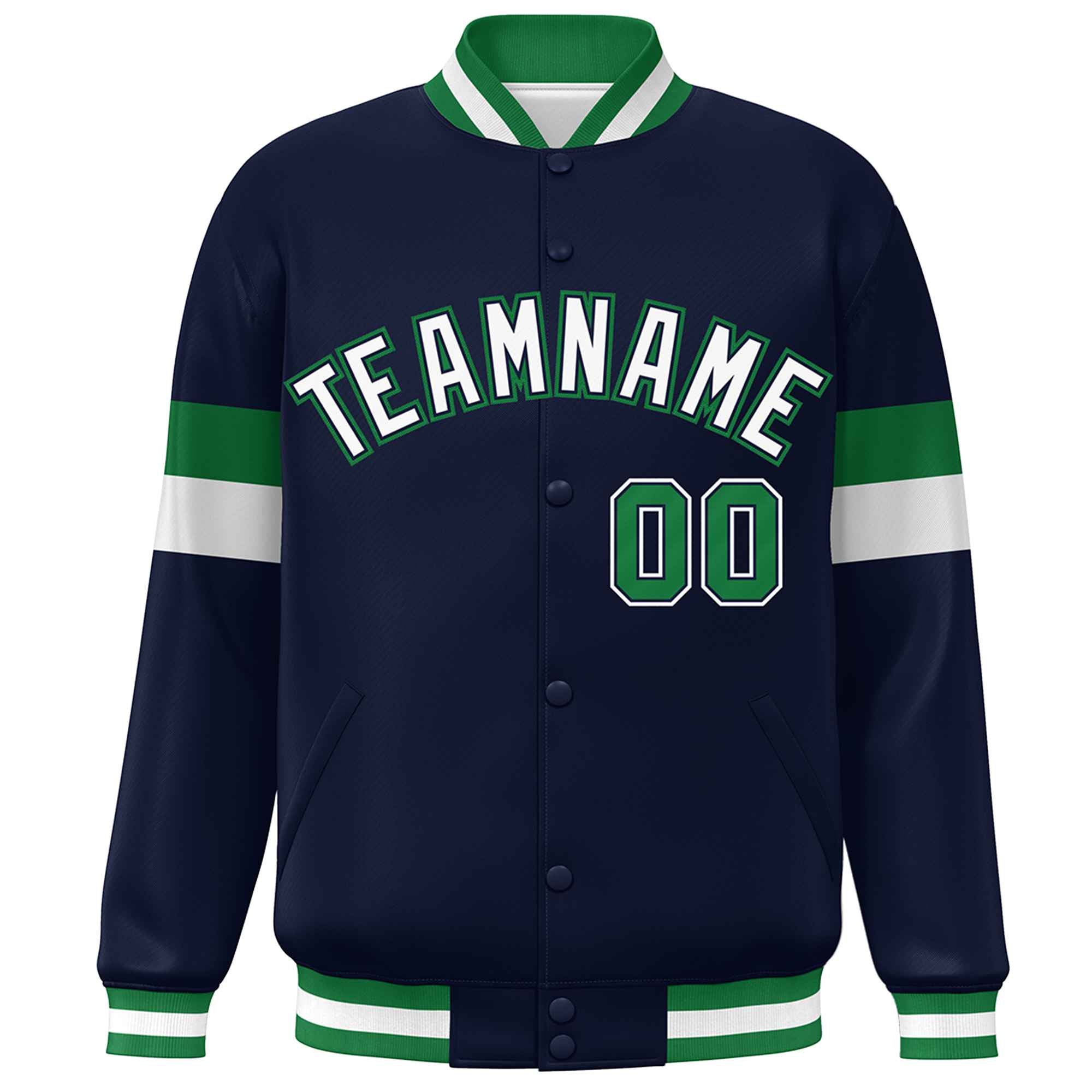 Custom Navy White-Kelly Green Color Block Bomber Varsity Full-Snap Baseball Jacket