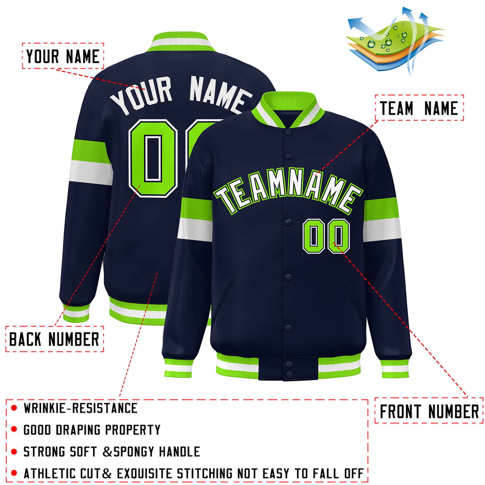 Custom Navy White-Neon Green Color Block Bomber Varsity Full-Snap Baseball Jacket