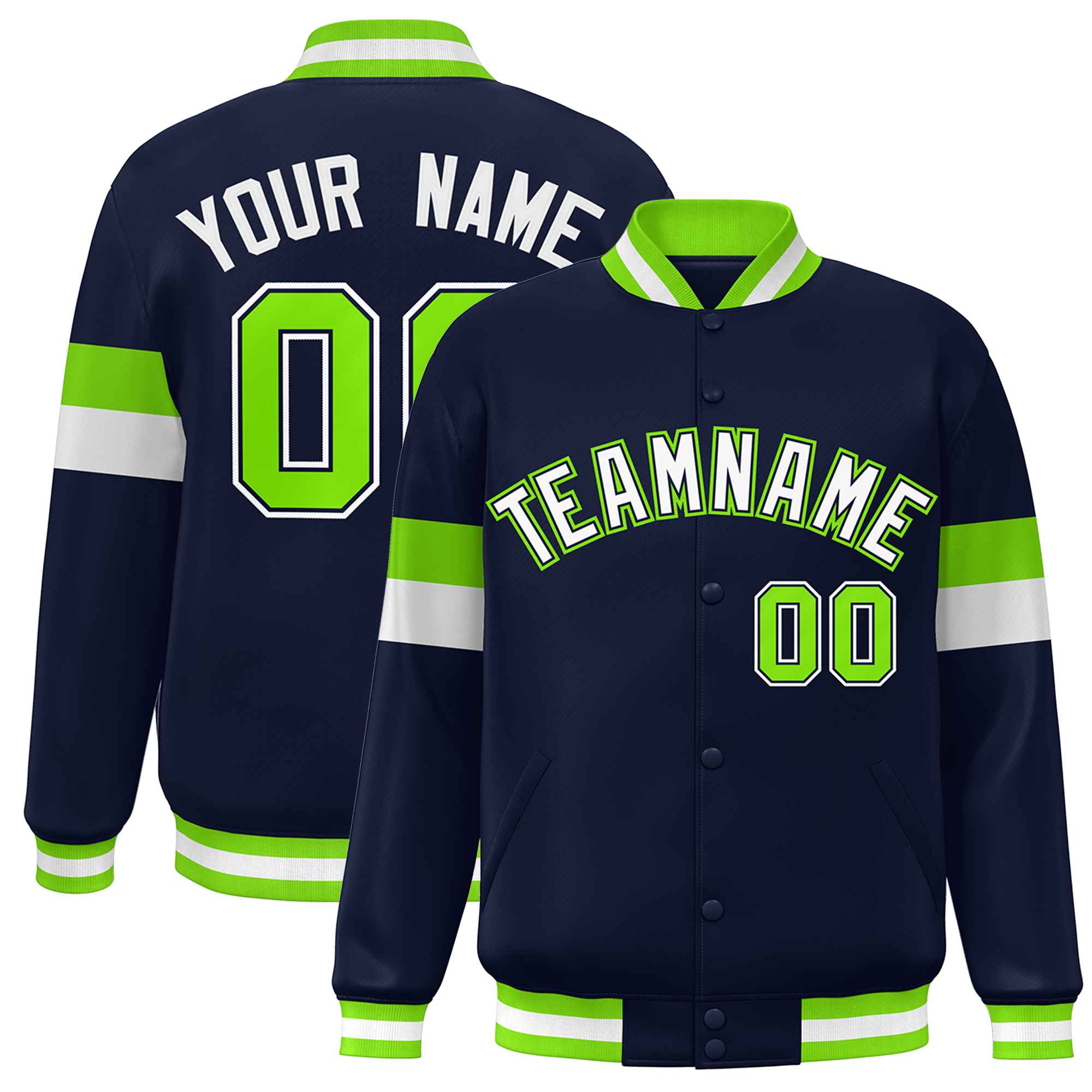 Custom Navy White-Neon Green Color Block Bomber Varsity Full-Snap Baseball Jacket