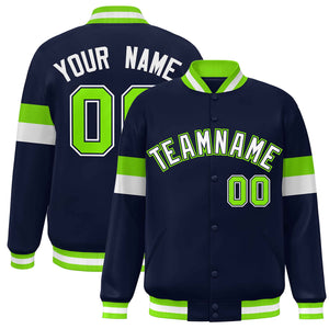 Custom Navy White-Neon Green Color Block Bomber Varsity Full-Snap Baseball Jacket