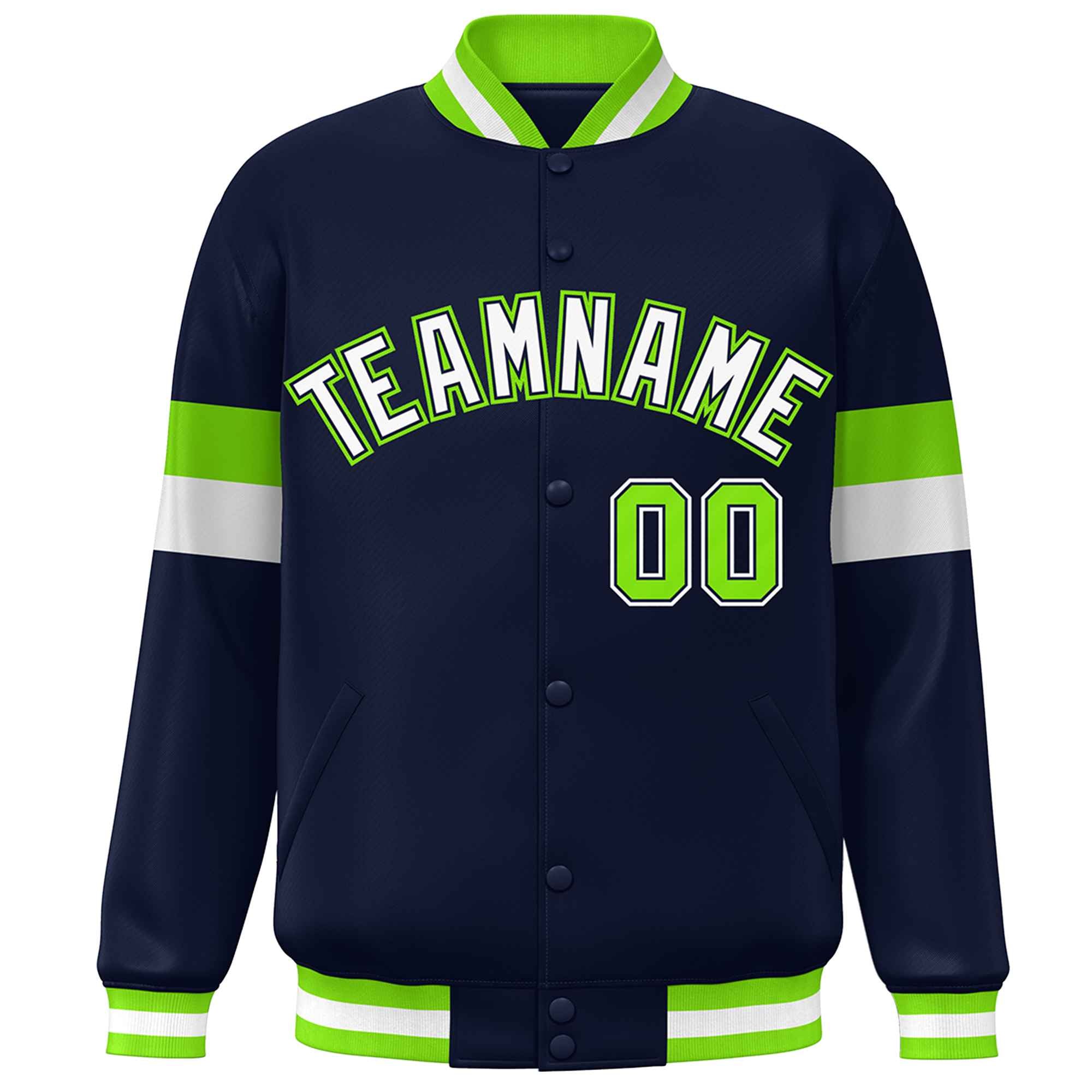 Custom Navy White-Neon Green Color Block Bomber Varsity Full-Snap Baseball Jacket