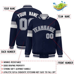 Custom Navy Gray-White Color Block Bomber Varsity Full-Snap Baseball Jacket