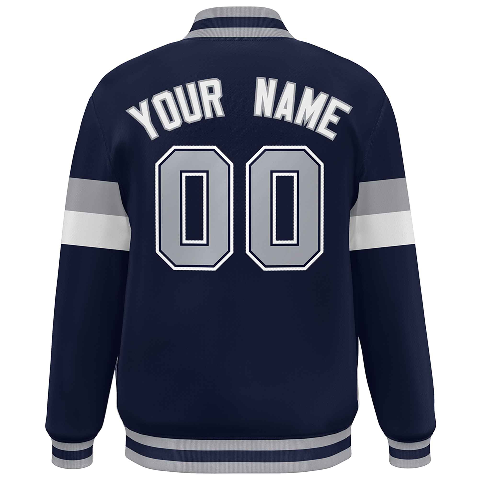 Custom Navy Gray-White Color Block Bomber Varsity Full-Snap Baseball Jacket