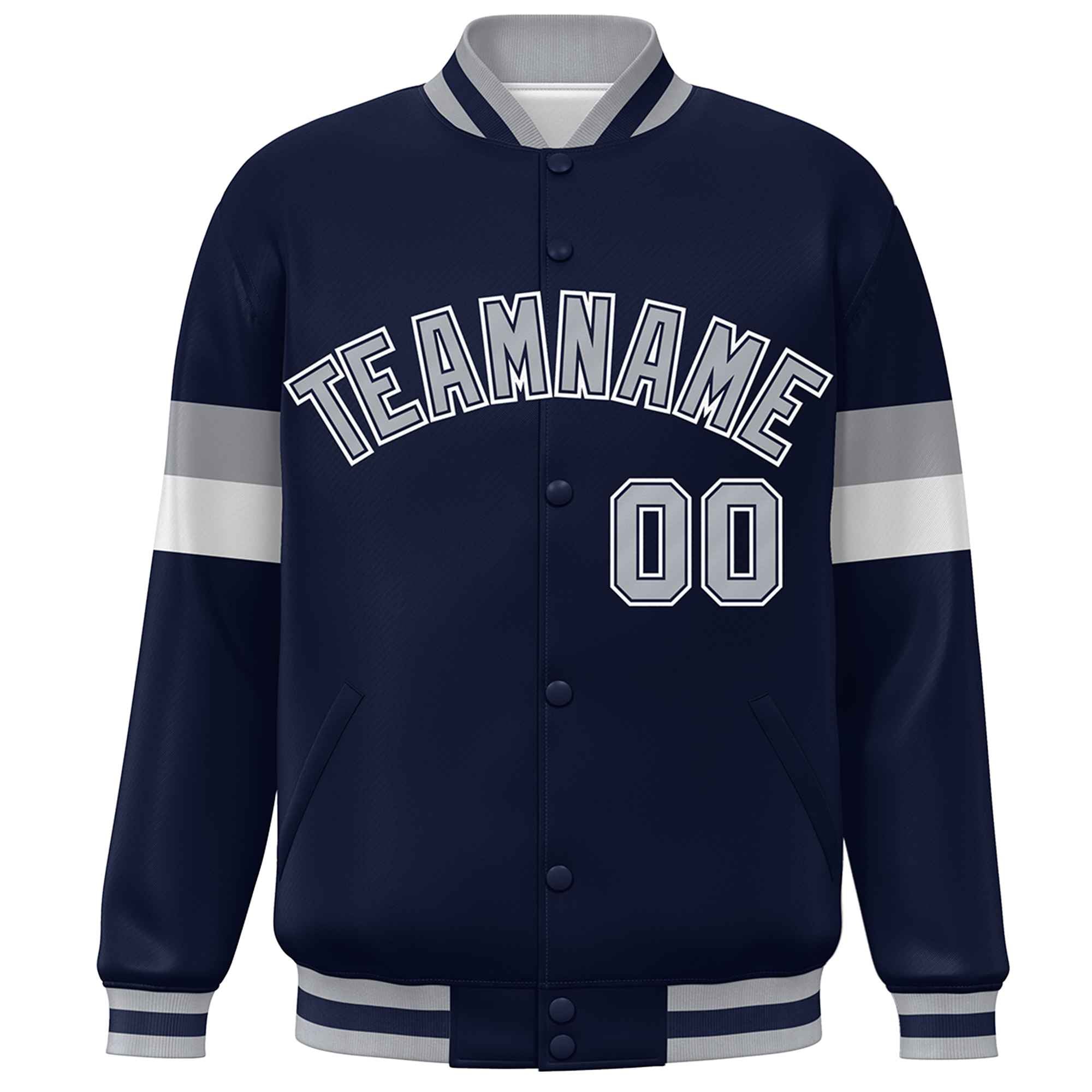 Custom Navy Gray-White Color Block Bomber Varsity Full-Snap Baseball Jacket